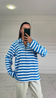 Çizgili Yaka Fermuarlı Bluz 23K14204 MAVİ