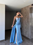 Dina Göğüs İşleme Detay Saten Abiye 9320 BEBE MAVİSİ