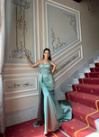 Dina Göğüs İşleme Detay Saten Abiye 9320 MİNT YEŞİLİ
