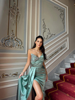 Dina Göğüs İşleme Detay Saten Abiye 9320 MİNT YEŞİLİ
