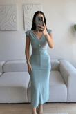 Dora V Yaka Düğmeli Büzgülü Elbise 13754 MİNT YEŞİLİ