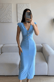 Dora V Yaka Düğmeli Büzgülü Elbise 13754 BEBE MAVİSİ