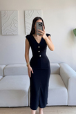 Dora V Yaka Düğmeli Büzgülü Elbise 13754 SİYAH