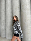 Düğme Detay Leopar Desenli Hırka 3528 GRİ