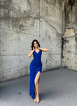 Emily Kruvaze Yaka İp Askı Yırtmaçlı Abiye 582193 SAKS MAVİSİ