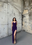 Emily Kruvaze Yaka İp Askı Yırtmaçlı Abiye 582193 MÜRDÜM