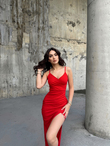 Emily Kruvaze Yaka İp Askı Yırtmaçlı Abiye 582193 KIRMIZI