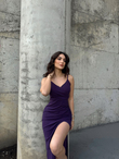 Emily Kruvaze Yaka İp Askı Yırtmaçlı Abiye 582193 MÜRDÜM