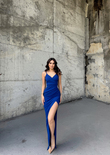 Emily Kruvaze Yaka İp Askı Yırtmaçlı Abiye 582193 SAKS MAVİSİ