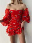 Fırfır Detay Desenli Mini Elbise 223012 KIRMIZI
