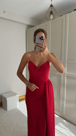 Fulya Straplez Yırtmaçlı Abiye 582467 KIRMIZI