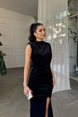 Gabriella Vatkalı Yırtmaçlı Kadife Abiye 9338 SİYAH