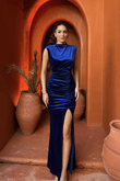 Gabriella Vatkalı Yırtmaçlı Kadife Abiye 9338 SAKS MAVİSİ