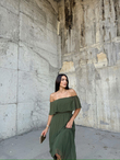 Glamour Pliseli Şifon Elbise 582850 HAKİ