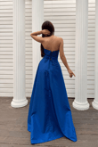 Hazel Straplez Işlemeli Saten Abiye 4747 SAKS MAVİSİ