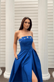 Hazel Straplez Işlemeli Saten Abiye 4747 SAKS MAVİSİ