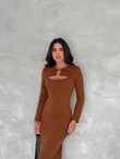 Junia Tasarım Yaka Midi Elbise 2469 KAHVERENGİ
