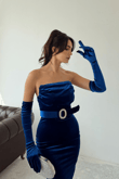 Kadife Kol Detay Straplez Kemerli Midi Elbise 9334