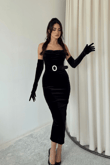 Kadife Kol Detay Straplez Kemerli Midi Elbise 9334