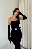 Kadife Kol Detay Straplez Kemerli Midi Elbise 9334