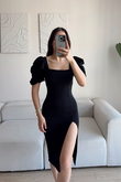 Kare Yaka Kol Pileli Elbise SİYAH J3X