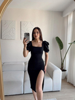Kare Yaka Kol Pileli Elbise SİYAH J3X
