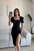 Kare Yaka Kol Pileli Elbise SİYAH J3X