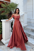 Kayık Yaka Yırtmaç Detay Saten Abiye 1038