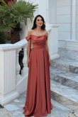 Kayık Yaka Yırtmaç Detay Saten Abiye 1038