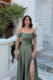 Kayık Yaka Yırtmaç Detay Saten Abiye 1038