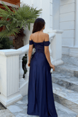 Kayık Yaka Yırtmaç Detay Saten Abiye 1038