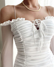 Kolları Tüllü Drapeli Elbise BEYAZ