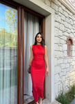 Kolsuz Drapeli Elbise 3089 KIRMIZI