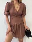 Kruvaze Gofre Elbise 2881 KAHVERENGİ