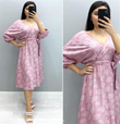 Kuşaklı Yaprak Desen Elbise LİLA
