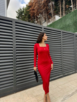 Kylea Kare Yaka Dalgıç Elbise 3059 KIRMIZI