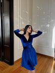 Leova Kemer Detay Kadife Mini Elbise 58644 SAKS MAVİSİ