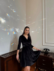 Leova Kemer Detay Kadife Mini Elbise 58644 SİYAH