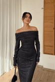 Madonna Yaka Uzun Kollu Simli Elbise 9383