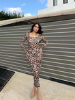 Malea Kare Yaka Yırtmaçlı Elbise 1007 LEOPAR