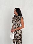 Meeri Vatka Detay Leopar Desen Midi Elbise 9685 TAŞ RENGİ