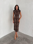 Meeri Vatka Detay Leopar Desen Midi Elbise 9685 ACI KAHVE