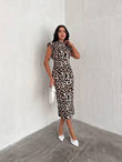 Meeri Vatka Detay Leopar Desen Midi Elbise 9685 TAŞ RENGİ