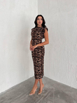 Meeri Vatka Detay Leopar Desen Midi Elbise 9685 ACI KAHVE