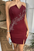 Narin Taş Detay İşlemeli Mini Elbise 9369 BORDO