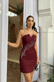 Narin Taş Detay İşlemeli Mini Elbise 9369 BORDO