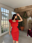 Nell Kare Yaka Kol Detay Elbise 582477 KIRMIZI