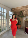 Nell Kare Yaka Kol Detay Elbise 582477 KIRMIZI