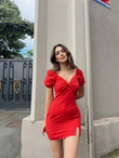 Ön Düğüm Karpuz Kol Mini Elbise 3947 KIRMIZI E2X