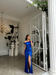 Ophelia Yaka Otriş Detay Saten Abiye 582857 SAKS MAVİSİ